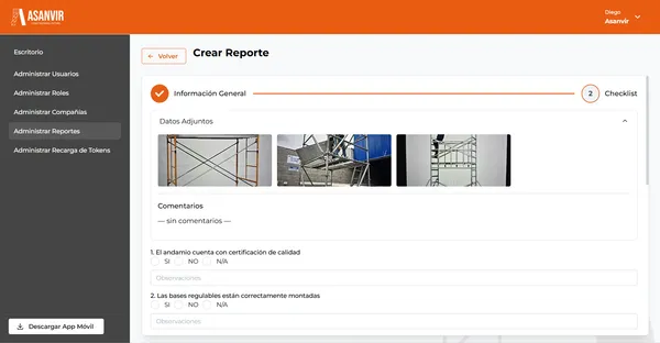 Creación de reporte: Registro fotográfico y comentarios técnicos que den cumplimiento al checklist