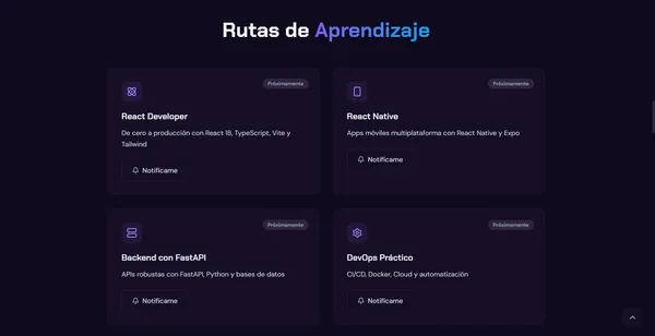 Sección de rutas de aprendizaje: React, Native, FastAPI y DevOps